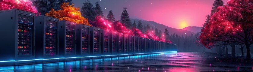 Futuristic data center at sunset, surrounded by colorful trees and glowing lights, reflecting in the tranquil water.