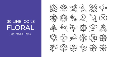 Floral icon set line vector design editable stroke. rose, flower, jasmine, and more
