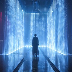 Obraz premium Blue light illuminates the ground, creating an atmosphere of mystery. soft blue rays that create a visual effect. featuring futuristic technology and a sense of space.