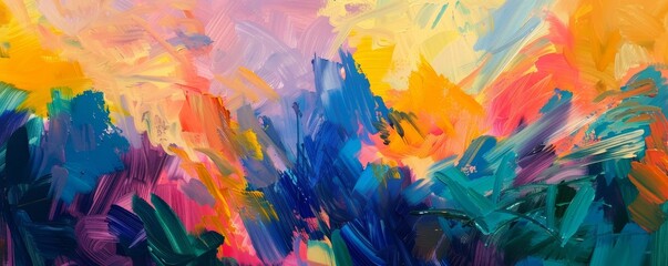 Colorful brushstrokes create a dynamic abstract backdrop in this acrylic paint artwork