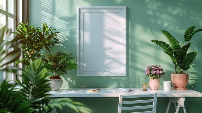Modern home office with green walls, houseplants, and a blank white picture frame on the wall. A calm and stylish working environment.