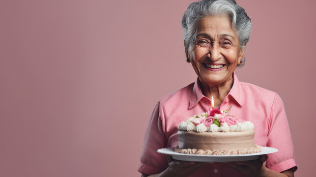 senior woman holding cake in hand