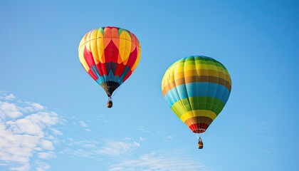 Fototapeta premium Two colorful hot air balloons floating in a clear blue sky, showcasing a serene and adventurous outdoor experience.