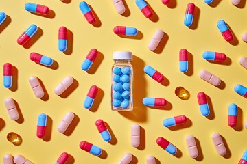 Various colorful pills and capsules scattered on a yellow background, centered around a bottle of blue pills. Medical and pharmaceutical concept.