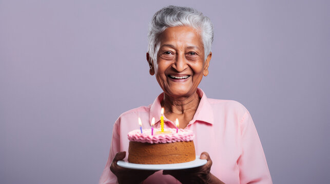 senior woman holding cake in hand