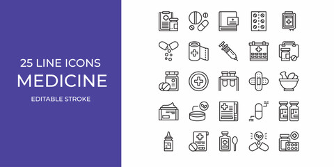 Medicine icon set line vector design editable stroke. syringe, medicine, pill, and more