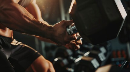 Fitness trainer's hands adjusting weights, close-up, detailed texture, clear gym environment, focused lighting. 