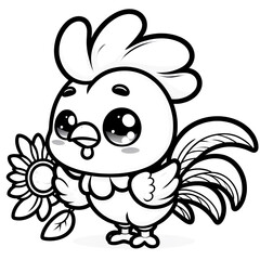 Fototapeta premium Cartoon of rooster with simple lines for children to color in book pages. Drawing for vectorization