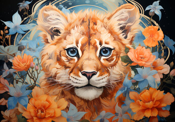 Fototapeta premium Baby lion illustration on flowery background. Illustrations for children