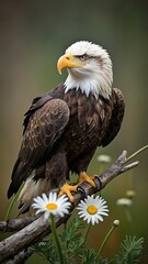 Eagle perched on a branch with daisies