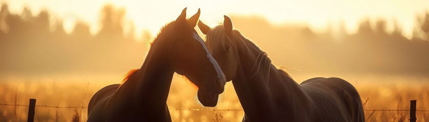 Two horses in a field at sunset touching noses, creating a beautiful silhouette against the golden sky. - Powered by Adobe