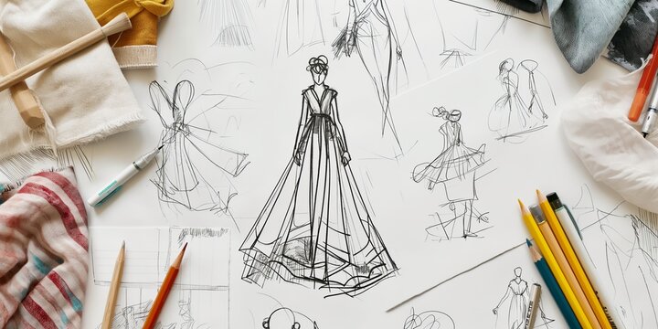 A collection of fashion design sketches lies scattered on a bright white workspace, along with pencils, pens, and various fabric samples, ready for creation.
