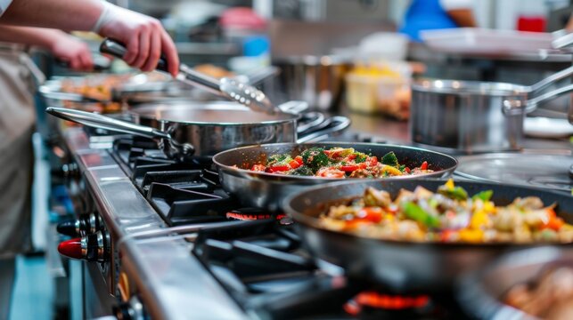 Professional kitchen with multiple pots and pans on the stovetop, busy with various dishes being cooked, highlighting the hustle and bustle of restaurant cooking