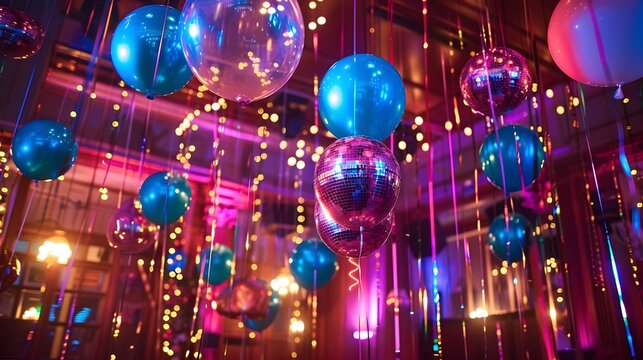  - The venue is decorated with elements that capture a retro feel., A festive setting evokes the spirit of an adult prom.