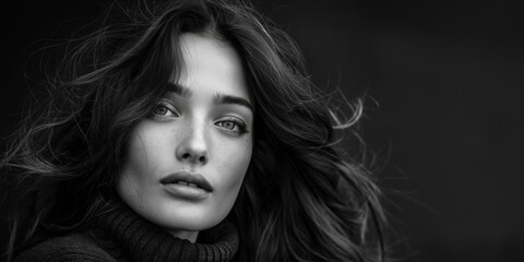 A mesmerizing grayscale portrait depicting a woman with captivating eyes. Her flowing hair is elegantly styled, and the high-contrast lighting perfectly outlines her facial features.