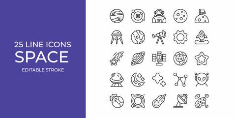 Space icon set line vector design editable stroke. rocket, meteor, star, and more © Recreativeind