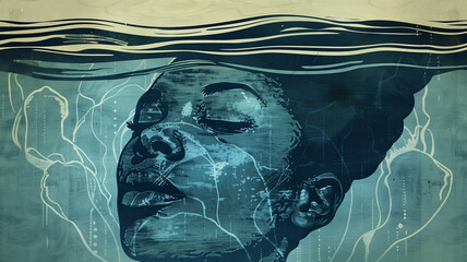An artistic depiction of a woman's face partially submerged in water, with serene expression and abstract lines, emphasizing tranquility and reflection.