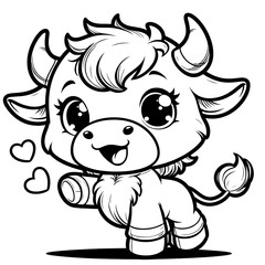 Obraz premium Cartoon of baby cow with simple lines for children to color book pages. Drawing for vectorization