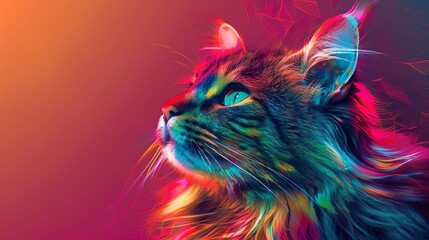 Stylish Norwegian Forest Cat artwork, vibrant pop art, colorful geometric patterns copy space, futuristic, multilayer, modern interior backdrop