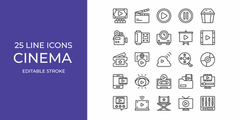 Cinema icon set vector design editable stroke. popcorn, movies, play, and more