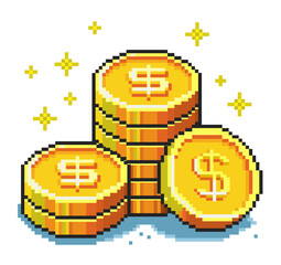 Pixel dollar coins, 8-bit video game style, pixel art vector illustration