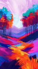 Abstract art depicting a colorful forest scene with expressive brushstrokes