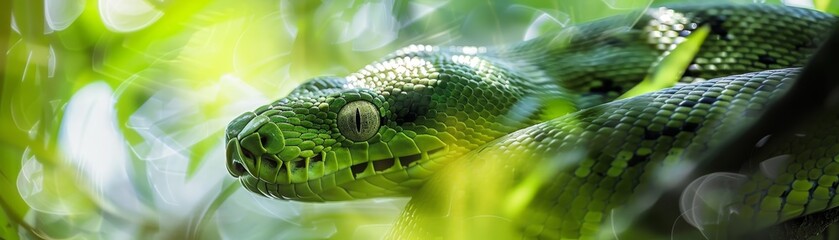 Obraz premium Close-up image of a green snake slithering through lush foliage in its natural habitat, highlighting its patterned scales and keen gaze.