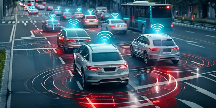 Self-driving vehicles with data flow icons, showcasing urban connectivity.generative ai