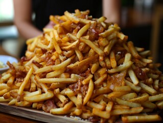 A pile of french fries with bacon on top. The pile is so high that it almost reaches the table