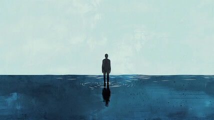 A silhouette of a man standing on water, reflecting on the horizon, emphasizing solitude and contemplation in a minimalist blue-toned setting.