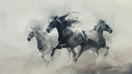 Artistic rendering of three horses galloping in a dynamic, monochrome brushstroke style