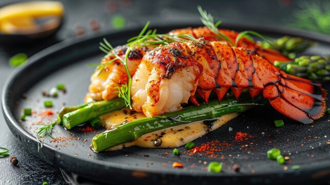 Gourmet Lobster Tail with Fresh Herbs and Lemon Butter on an Elegant White Plate in a Fine Dining Setting