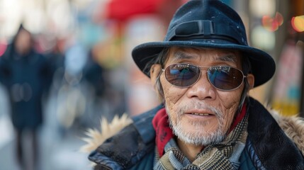 Obraz premium Elderly man wearing a hat and sunglasses outdoors