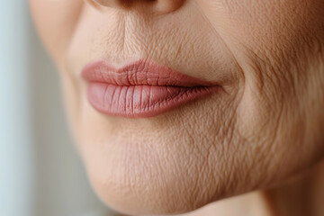Close up of a middle aged woman's face with wrinkles around the lips, skin cosmetic treatment on the upper lip area. Closeup photo of a beautiful mature lady with thin lines and peach fuz