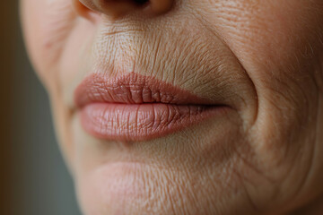 Obraz premium Close up of a middle aged woman's face with wrinkles around the lips, skin cosmetic treatment on the upper lip area. Closeup photo of a beautiful mature lady with thin lines and peach fuz