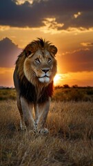 A lion is standing in the middle of a grassy field during sunset. lion wallpaper, animal wallpaper
