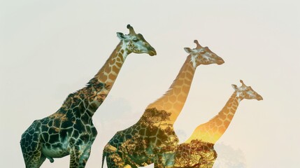 Double exposure of giraffes and savanna landscape, creating a blended wildlife and nature abstract image.