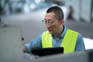 person working with tablet in factory