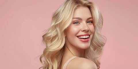 Naklejka premium A smiling blonde woman with curly hair looks back over her shoulder, standing against a pink background, exuding confidence, joy, and a lively, spirited persona.