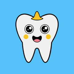 The image depicts a tooth happily smiling against a pink backdrop