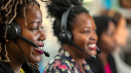 Professional Call Centre Staff Wearing Headsets Providing Customer Support Services in a Modern Office Environment. Teamwork and Communication Concepts