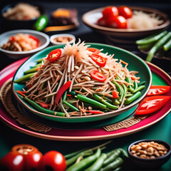 Close-up of a vibrant plate of som tam with shredded green papaya, featuring fresh tomatoes, long beans, dried shrimp, crushed peanuts, and a tangy lime dressing, all set