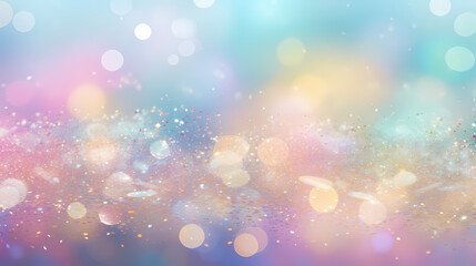 Abstract pastel rainbow bokeh background with glitter and heart shapes