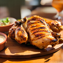 Close-up of a whole grilled chicken, featuring golden crispy skin, juicy and tender meat, and a side of tangy dipping sauce, all set on a wooden table in a cozy restaurant atmosphere