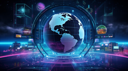 Futuristic Globe in Digital Environment, High-Tech Style, Blue and Purple Colors, Representing Global Connectivity and Technology