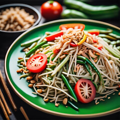 Close-up of a vibrant plate of som tam with shredded green papaya, featuring fresh tomatoes, long beans, dried shrimp, crushed peanuts, and a tangy lime dressing, all set
