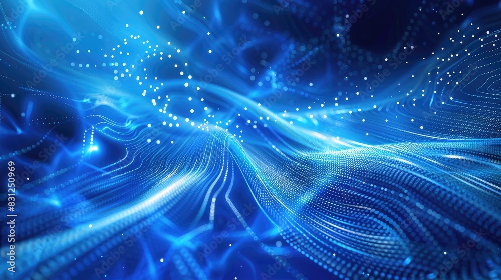 Poster dynamic blue background with particle curves and a futuristic hi-tech design, ideal for abstract vis