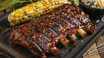 Slow-roasted pork shoulder steak with a smoky barbecue rub, served with creamy coleslaw and buttered corn on the cob, evoking the flavors of Southern BBQ