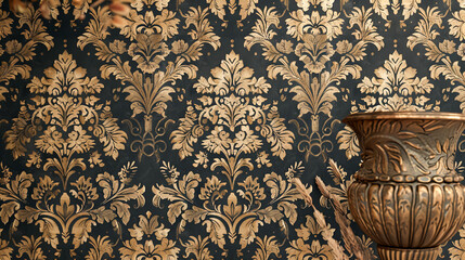 An elegant damask pattern in rich gold and dark brown hues, showcasing classic and luxurious design elements for high-end applications