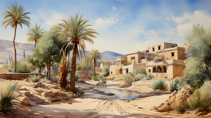 Fototapeta premium Watercolor landscape of the Arabian Peninsula in the past, for houses and tree.